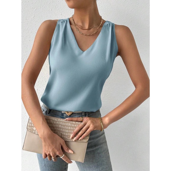 minimalist Solid V Neck Tank Top workwear office business casual cream - Picture 4 of 12